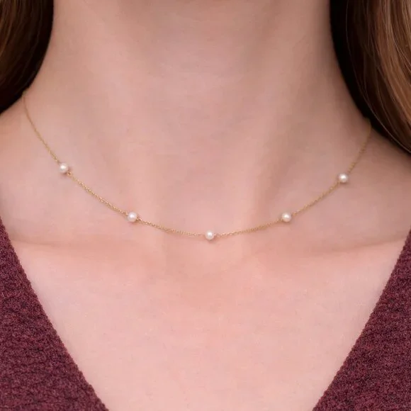 14K Gold Freshwater Cultured Pearl Station Necklace - Picture 1 of 3